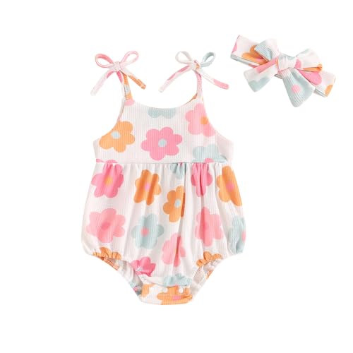 Summer Baby Girl Clothes Newborn Floral Bubble Romper Strap Sleeveless Jumpsuit Playsuit Headband Outfit