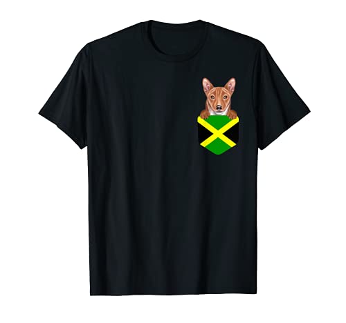 Jamaica Flag Basenji Dog In Pocket T-Shirt, Black