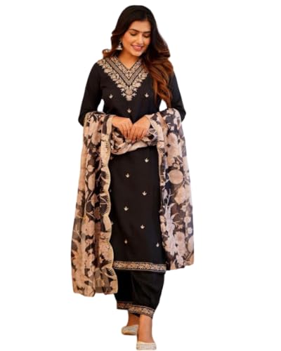 Image of Women Afghani Viscose Rayon Kurta Pant Dupatta Set with Embroidered Neck Work and Floral Print Organza Dupatta | Ethnic Straight Suit Set