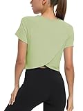 CharmWM Girls Workout Summer Crop Tops Kids Fashion Crew Neck Cropped Split Back Athletic Gym Exercise Short Sleeve T Shirts Basic Tees Size 3-14 Years Light Green
