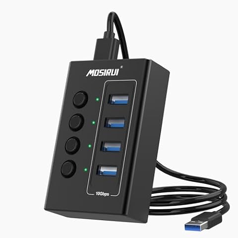 USB 3.2 Hub, 4 Ports USB Hub Multiport Adapter with 4×10Gbps Data Ports, Independent Switch, Aluminum Multi USB Port Extender Hub for Laptop,PC,Desktop,Printer,Camera,Keyboard and More Cover
