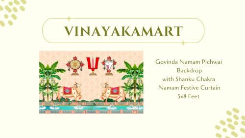 Image of varamahalakshmi Backdrop Cloth | Govinda Namam Pichwai Backdrop with Shanku Chakra Namam Festive Curtain 5x8 Feet | Background Decoration Cloth