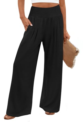 Findsweet Crinkle Palazzo Pants – High-Waisted Wide-Leg (Black)