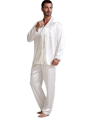 Image of Lonxu Pajamas Set Mens Silk Satin Pajamas Long Sleeve Loungewear Two-Piece Sleepwear Button-Down Pj Set S-XXXXL