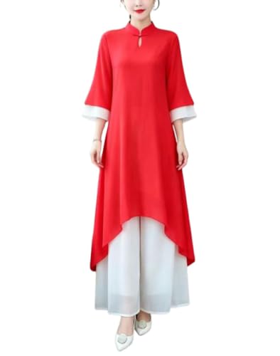 Vestido de té estilo zen chino con pantalón ancho de mujer y blusa cuello alto manga 3/4
