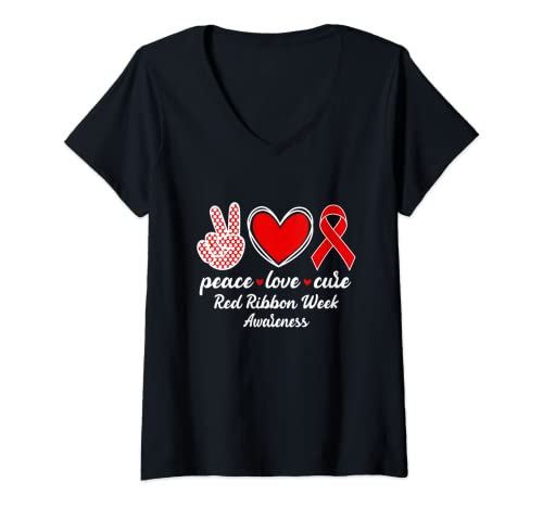 Donna Red Ribbon Settimana Consapevolezza Pace Love Cure Red Ribbon Week Maglietta con Collo a V