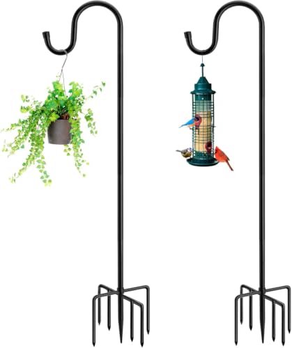 Image of 84 inch Shepherds Hooks for Outdoor with 7 Prongs Base, Heavy Duty Bird Feeder Pole for Hanging Lantern, Hummingbird Feeder, Shepherds Hook for Bird Feeders for Outside, 2 Packs, Black