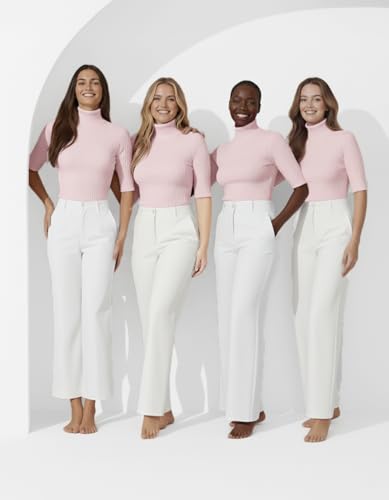 Image of v28 Women Turtleneck 1 /2 Half Sleeve Highly Stretchy Ribbed Knit Fitted Sweater