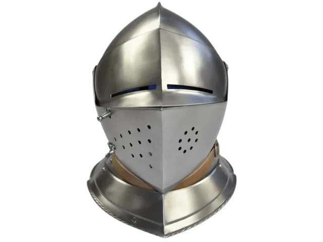 LIARA Medieval Knight Helmet, Steel Finish, Close Face Armor with Visor, Brass Trim, Historical Replica