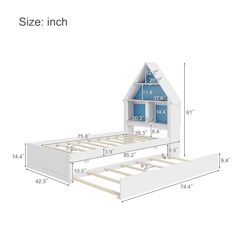 Twin-Size-House-Shaped-Bed-with-Bookcase-Headboard-and-Led-Light-and-Twin-Size-Trundle-for-Boys-Girls-Blue-White Twin Size House Shaped Bed with Bookcase Headboard and Led Light and Twin Size Trundle for Boys Girls Blue White