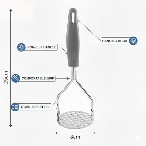 Image of YANCI Potato Masher, Stainless Steel Ricer Kitchen Gadget with Non-Slip Handle, Masher Utensil for Mashed Pav Bhaji, Vegetables, Fruits & Baby Food, Grey, Pack of 1