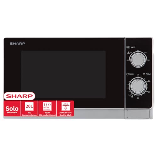 Sharp R200INW Solo-Mikrowelle / 20 L / 800 W / 5 Leistungsstufen / Timer von 35 Minuten bis 00 Sekunden / gewichtgesteuertes Auftauen / Energiesparmodus / Glasdrehteller (25,5 cm) / silber
