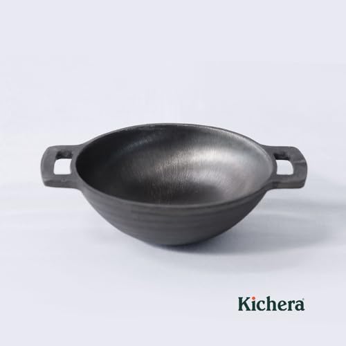Image of Kichera Pre Seasoned Cast Iron Smooth Kadai | Nonstick Iron kadhai | 100% Pure & Toxin-Free, No Chemical Coating 7inch