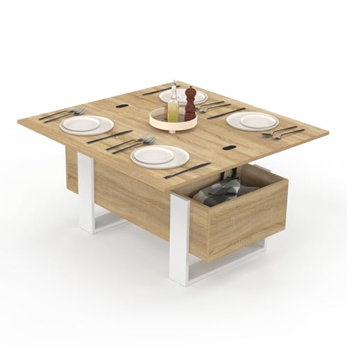 IDMarket - Table Basse Plateau relevable rectangulaire Convertible en Table à Manger Phoenix 97,5 cm Bois et Blanc