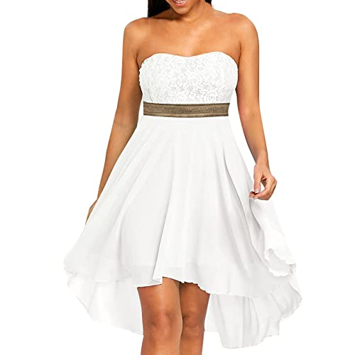 Foviguo Womens Sexy Bohemian Strapless Off Shoulder Lace Trim Dress A Line High Low Flowy Bridesmaid Dresses White, X-Large #TOP14