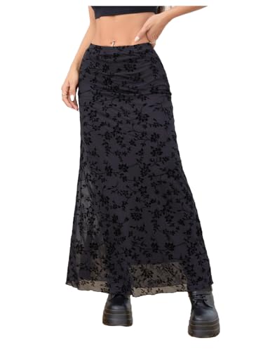 Milumia Women's Floral Print Mesh Long Skirt Low Waisted Y2k Flare Hem Fishtail Skirts4