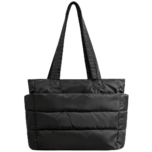 charlore Bolsa feminina acolchoada acolchoada com compartimentos, bolsa de ombro leve e inchada para viagens, trabalho, academia, Preto, Small