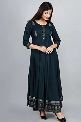 Image of Women's Rayon Golden Flroal Printed Anarkali Kurti