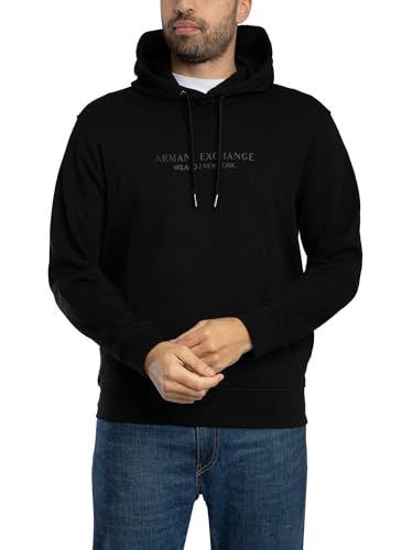 Armani Exchange Men's Long Sleeve Drawstring, Front On Tone Logo Hooded Sweatshirt, black, L