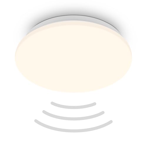BRILONER - LED Deckenlampe mit Bewegungsmelder, warmweiße Lichtfarbe, Dämmerungssensor, LED Lampe, Deckenleuchte, Wohnzimmerlampe, Küchenlampe, Deckenbeleuchtung, Flurlampe, 27 x 6 cm (DxH), Weiß