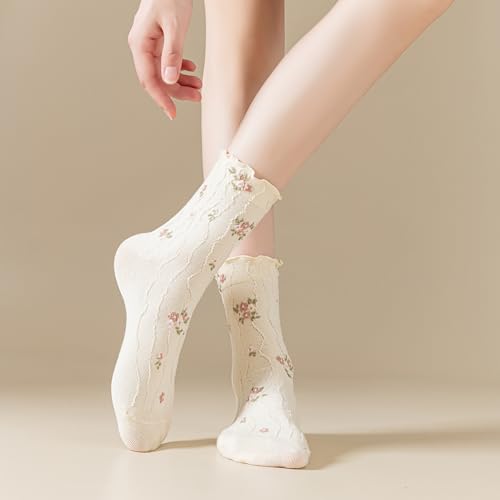 Image of Womens Ruffle Crew Socks Vintage Patterned Ankle Casual Fashion Dress Sock Cute Lettuce Floral Socks 5 /6 Pack