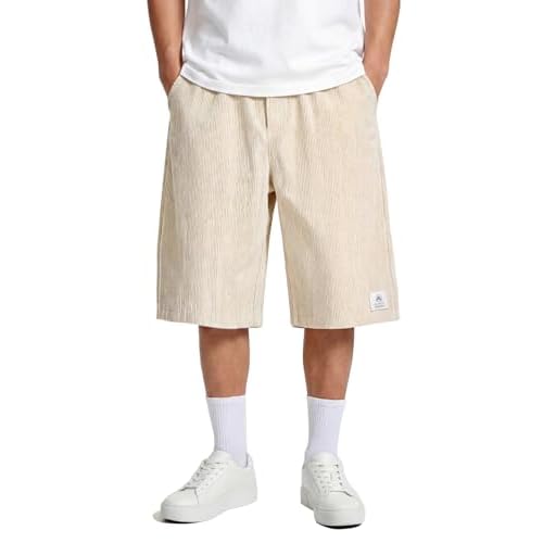 Heyfanee Mens Sweat Shorts Baggy Vintage Long Shorts for Men Y2k Outfits Below Knee 34 Beige