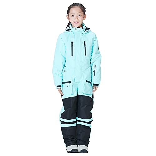 L SERVER Skioverall Kinder Jungen mit Kapuze Winddichte Wasserdichte Skianzug Mädchen Warmer Einteiliger Schneeanzug Atmungsaktiver Schneeoverall, Blau, 146