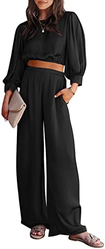 PRETTYGARDEN Women's 2 Piece Satin Outfits 2023 Spring Casual Puff Sleeve Crop Tops Blouse and Long Palazzo Pants Set (Black,Medium)