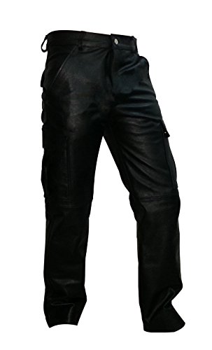 Mens Real Black Leather 6 Pockets Cargo Pants Jeans Fully Lined