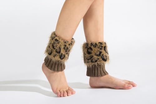 Faux Fur Leg Warmers for Women Short Fuzzy Boot Cuffs Toppers for Winter Leopard Knitted Leg Warmer3
