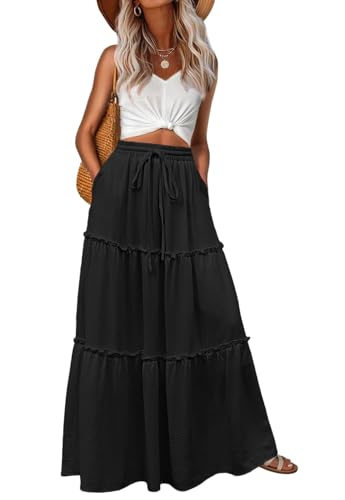Image of Lepunuo Womens Casual Boho High Waisted Flowy Maxi Skirts Tiered Floral Long Skirts with Pockets for Summer Beach Vacation