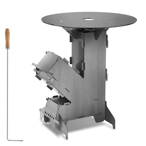 Ollewiellan Poêle à fusée avec plaque de cuisson et crochet de feu, Rocket Stove extérieur, système d'emboîtement, poêle à bois, poêle à granulés,...