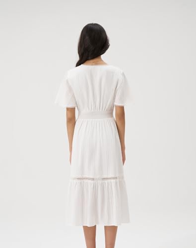 Image of Olaesa Women's Summer V Neck Smocked Cotton Dresses Puff Sleeve Flowy A Line Midi Wedding Guest Dress with Pockets