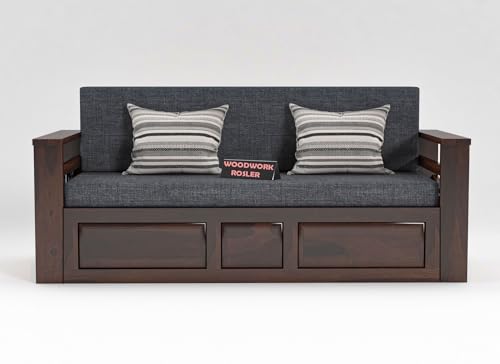 Image of Solid Sheesham Wooden Sofa Cums Bed with Mattresses for Living Room|Rosewood 3-Person Sofa Cums Bed for Bedroom Without Pillow (D-Walnut Finish)