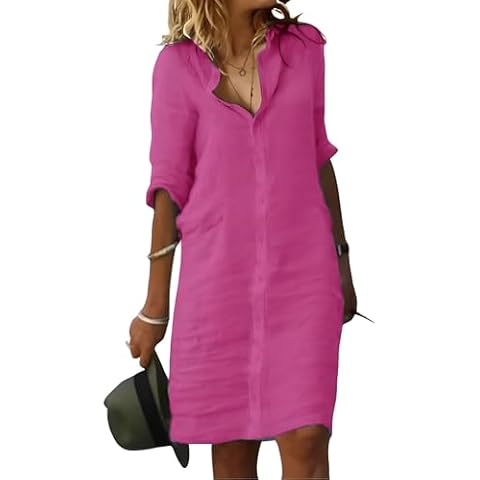 Fronage Women's Casual Cotton Linen Dress Button Up V Neck 1/2 Sleeve Tshirt Midi Dresses Beach Summer 2024 Hot Pink, XL Cover