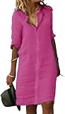 Fronage Women's Casual Cotton Linen Dress Button Up V Neck 3/4 Sleeve Tshirt Midi Dresses Beach Summer 2025