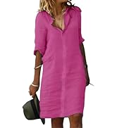 Fronage Women's Summer Midi Shirt Dresses Button Down 1/2 Sleeve Lapel Casual Cotton Linen Dress