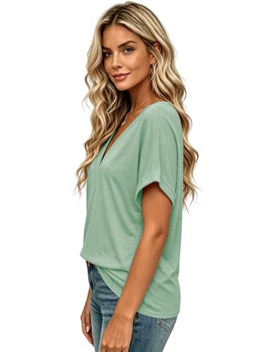 Image of EyMuse Womens Tshirts V Neck Solid Color Blouse Loose Fit Short Sleeve Tee 2026 Summer Casual Tops, Light Green,L-New