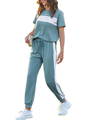 Hotouch Pajama Sets Women Casual Two Piece Outfits Round Neck Short Sleeve Tops And Jogger Pants With Pockets,White-Bluegrey M #TOP6