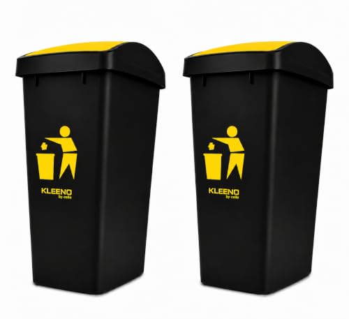 Image of Cello Plastic Swing-Lid Garbage Dustbin 48 Ltr, Yellow /Yellow - Combo Pack of 2