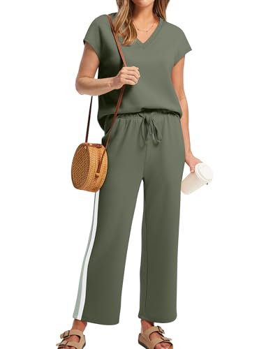 Image of Saloogoe Two Piece Sets for Women Summer Outfits Lounge Sets V Neck Tops Wide Leg Pants Woman Vacation Travel Outfits