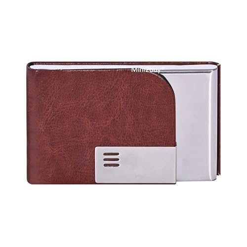 Image of Luxurious Unisex Pocket Card Holder Brown PU Leather Stainless Steel 15-20 Business Card and 5-8 Debit Credit Card Ultrathin RFID Blocking Corporate Gift for Employee 9.5 x 6.5 x 1.2 cm