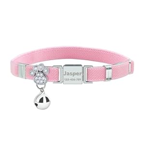 Personalized Safety Elastic Cat Collars with Bell,Laser Customized Stretch Kitten Collars for Girls Boys Cats-Pink