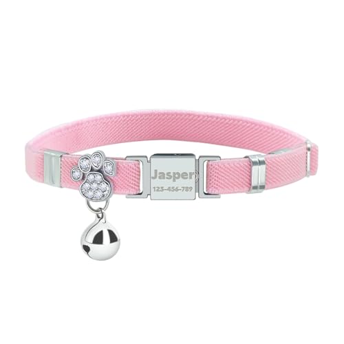 Personalized Safety Elastic Cat Collars with Bell,Laser Customized Stretch Kitten Collars for Girls Boys Cats-Pink