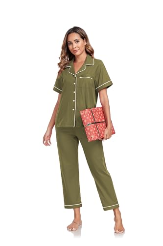 Image of COLORFULLEAF Women's 100% Cotton Pajamas Set Button Down Sleepwear Short Sleeve Shirt and Long Pants Soft Ladies Lounge Sets