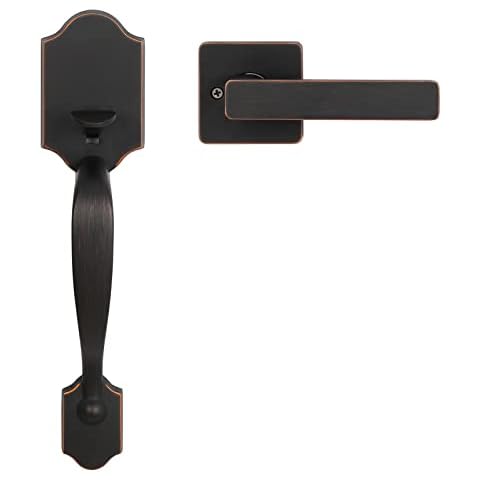 Revolo Front Door Handle Set No Lock - Single Cylinder Exterior Entry Door Handle with Square Door Lever - Reversible for Left and Right Handed Doors - Deadbolt Not Included Cover
