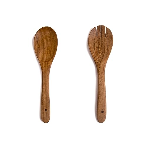 The Great Indian Bazaar Set di posate da insalata in legno di acacia, pinze per mescolare, forchetta e cucchiaio, utensili da portata per condire l'insalata, 25 cm (Marrone)