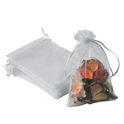 Image of YHJZ 100PCS Organza Bags, 4x6 inches (10x15cm) Small Mesh Bags Drawstring, Silver Jewelry Gift Pouches for Party, Festival, Bathroom Soaps