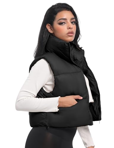 Buauty Cropped Winter Black Puffer Vest for Women 2025, Girls Mini Puffy Vest with Pockets, Crop Sleeveless Zip Up Stand Collar Bubble Vest, Short Cute Winter Clothes Jackets Warm Outerwear Trendy BLA