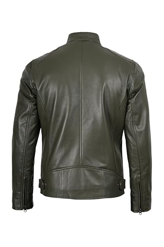 Image of fjackets Mens Leather Jacket - Real Lambskin Cafe Racer Jacket Stand Collar Moto Biker Zip Jacket For Men